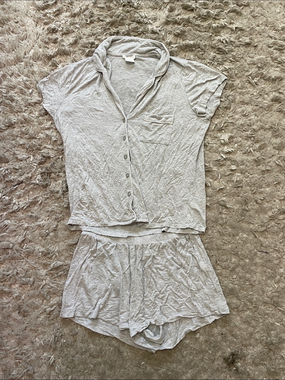 Shimera Light Gray Women's Sleep Set - Short Sleeve Button Top & Shorts